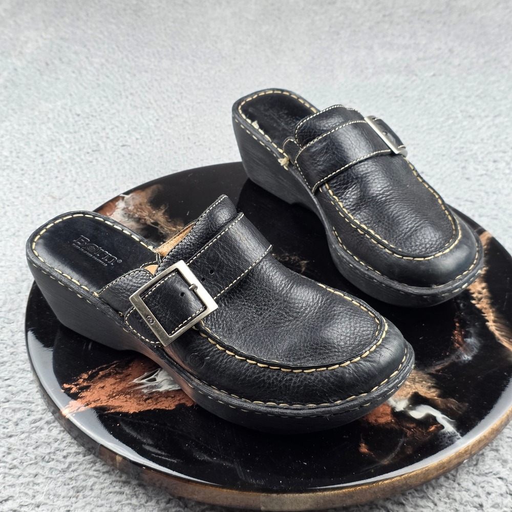Born Leather Clog Mules Women 10 Black Buckle Platform Wedge W3635 J6